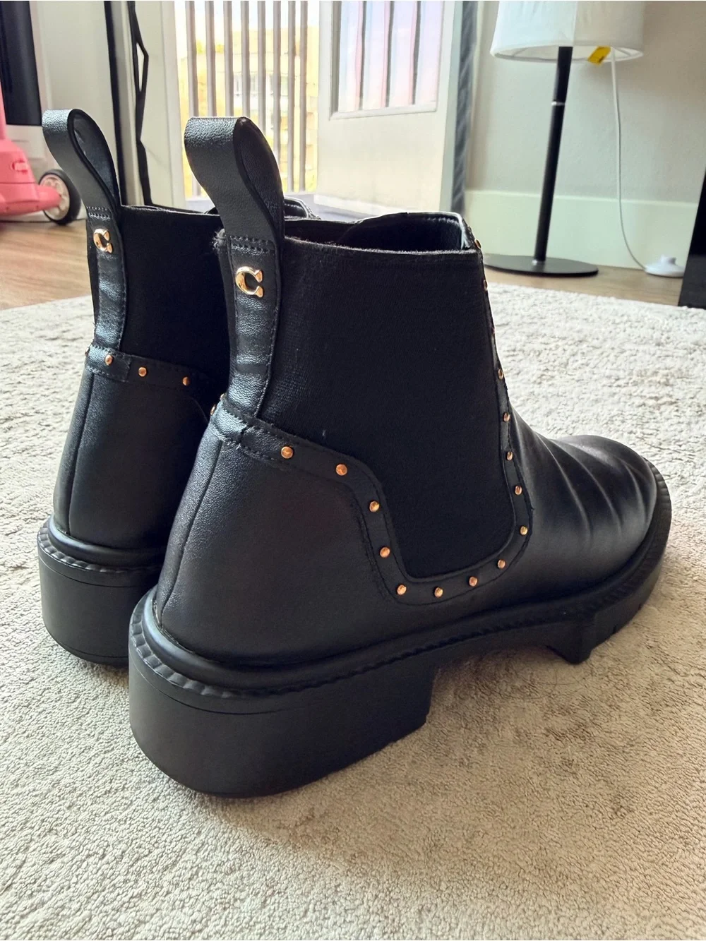 Coach Lory Black Studded Leather Chelsea Boots Size 7.5 / 38